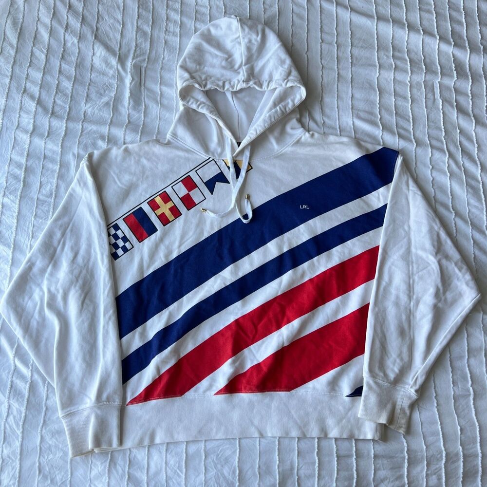 Lauren Ralph LRL Sweatshirt Hoodie Womens L Nautical Flags Stripes French Terry